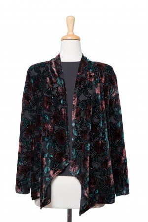  Two Piece Rust and Teal Floral Cut Velvet With Silver Metallic Shawl Collar Jacket With Black Long Sleeve Microfiber Top
