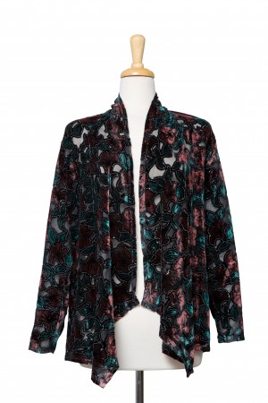 Plus Size Rust and Teal Floral with Silver Metallic Cut Velvet Shawl Collar Jacket