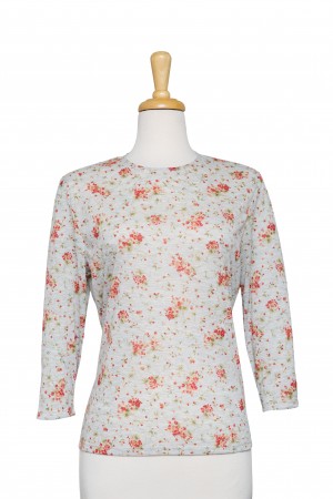 Heather Grey Mini Red Floral Bouquets Cotton 3/4 Sleeve Top 