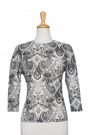 Grey and Ivory Paisley Cotton 3/4 Sleeve Top 