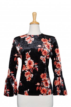 Plus Size Black Velvet With Peach and Rust Floral Bell Sleeve Top
