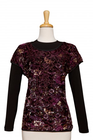 Plus Size Shades of Purple and Cream Cut Velvet Short Sleeve With Long Sleeve Microfiber Top