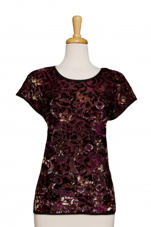 Plus Size Shades of Purple and Cream Cut Velvet Short Sleeve Top