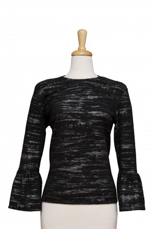 Plus Size Black and Silver Crinkled Textured Bell Sleeve Top