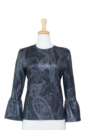 Plus Size Black and Silver Paisley Bell Sleeve Microfiber Top