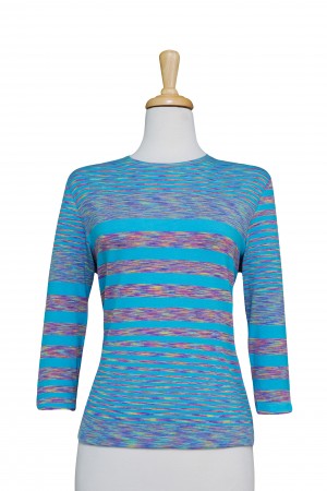 Plus Size Turquoise Thin Multi Stripes 3/4 Sleeve  Cotton Top 