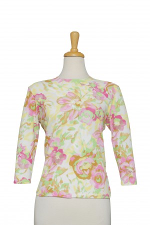 Butter, Pink and Green Pastel Floral Cotton 3/4 Sleeve Top 