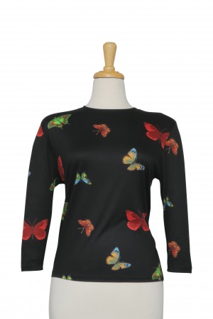 Black and Multi Color Butterflies Cotton 3/4 Sleeve Top 