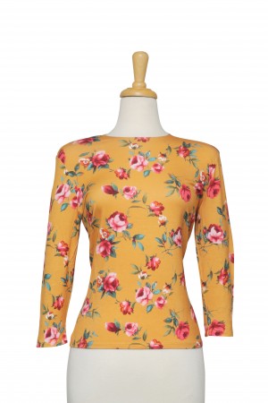 Mustard and Rose Floral Cotton 3/4 Sleeve Top 
