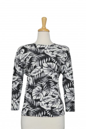 Black and Grey Tropical Leaves Microfiber 3/4 Sleeve Top 