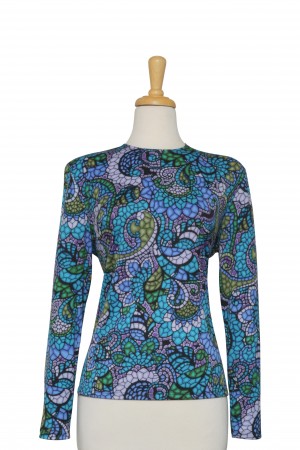 Plus Size Teal, Blue, Lilac and Black Floral Mosaic Long Sleeve Microfiber Top 