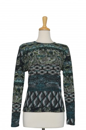 Black, Teal, and Olive Art Deco Textured Long Sleeve Knit Top
