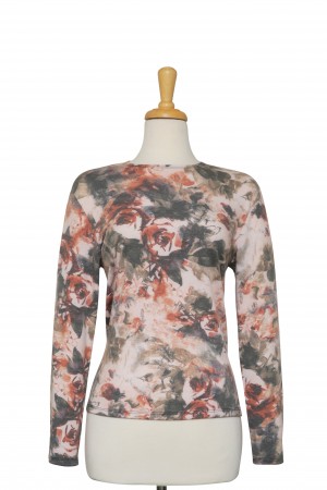 Olive, Pale Peach and Rust Abstract Floral Thin French Terry Cotton Long Sleeve Top 