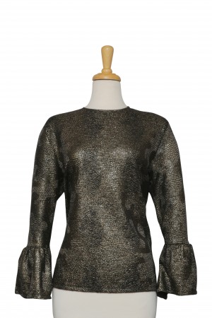 Black and Matte Gold Foil Snakeskin Textured  Bell Sleeve Top