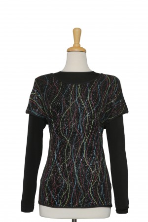 Black and Multi Color Kaleidoscope Metallic Short Sleeve ,Solid Black Back, With Black Long Sleeve Microfiber Top