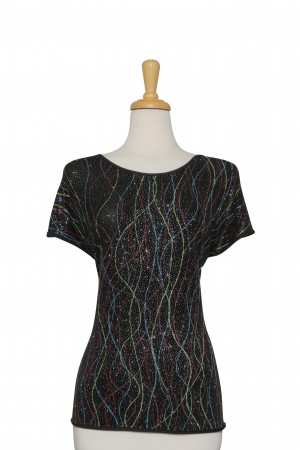 Black and Multi Color Kaleidoscope Metallic Short Sleeve Top With Solid Black Back