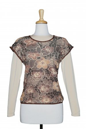 Plus Size Brown And Beige Floral Crochet Short Sleeve With Long Sleeve Beige Top
