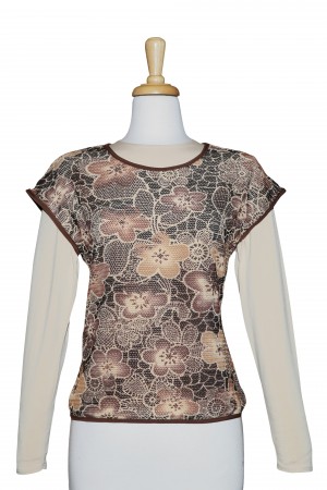 Brown And Beige Floral Crochet Short Sleeve With Long Sleeve Beige Top