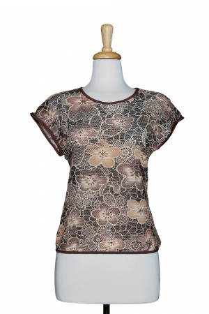 Brown And Beige Floral Crochet Short Sleeve Top