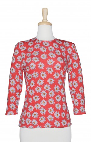 Coral and White Daisies 3/4 Sleeve Cotton Top 