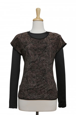 Brown And Black Paisley Crinkle Short Sleeve With Black Long Sleeve Top