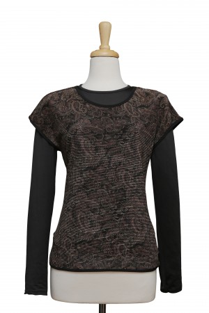 Plus Size Brown And Black Paisley Crinkle Short Sleeve With Black Long Sleeve Top