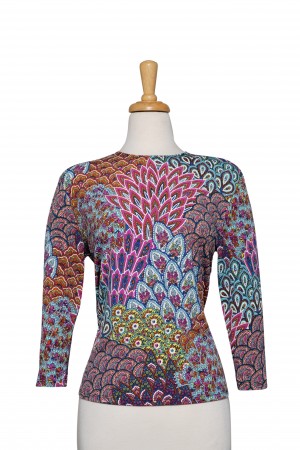 Plus Size Multi Color Peacock  Textured Print Microfiber 3/4 Sleeve Top 