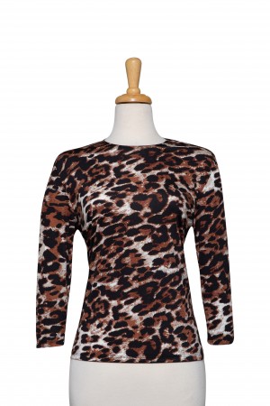 Plus Size Tan, Black and White Leopard Print Microfiber 3/4 Sleeve Top 
