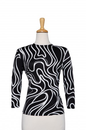 Plus Size Black and White Swirl Microfiber 3/4 Sleeve Top 