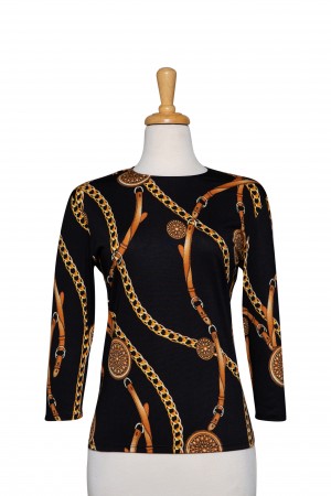 Black and Gold Chain Microfiber 3/4 Sleeve Top 