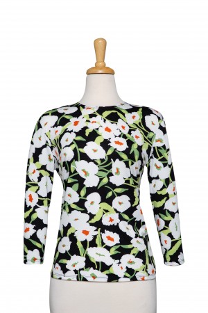 Plus Size Black, White and Lime Floral Microfiber 3/4 Sleeve Top 