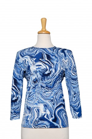 Plus Size Shades of Blue and White Swirl Microfiber 3/4 Sleeve Top 