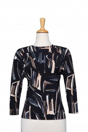 Black, Grey an Taupe Geometric Abstract Textured Print Microfiber 3/4 Sleeve Top 