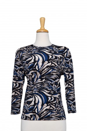 Black, Taupe and Cobalt Blue Wave Pattern Microfiber 3/4 Sleeve Top 