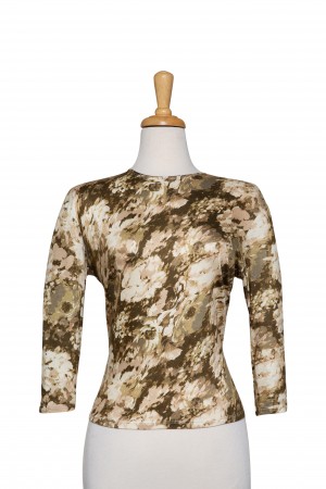 Shades of Olive and Ivory Abstract Floral 3/4 Sleeve Cotton Top 