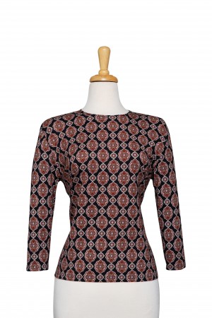 Black and Burgundy Emblems 3/4 Sleeve Cotton Top 