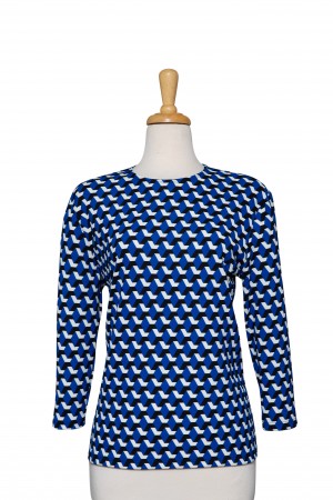 Plus Size Royal Blue, Black and White Geometric Textured 3/4 Sleeve Top 