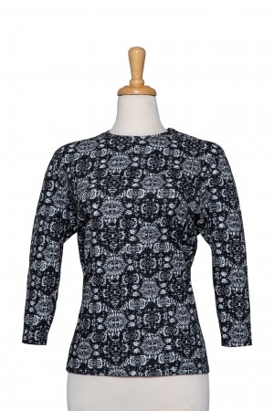 Black and White Ethnic Print 3/4 Sleeve Cotton Top 