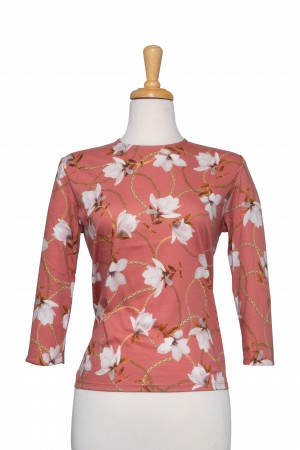 Plus Size Peach and White Floral Chain 3/4 Sleeve Cotton Top 