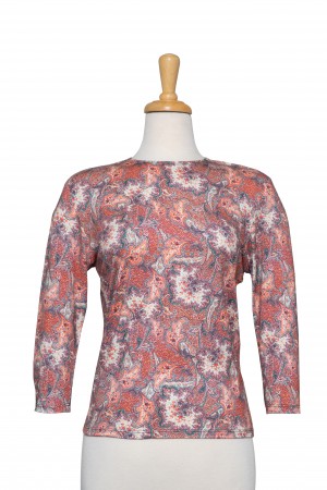 Shades of Peach and Ivory Paisley Mosaic 3/4 Sleeve Cotton Top 