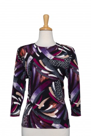 Plus Size Black, Wine and Purple Abstract Brushstrokes Textured Print Microfiber 3/4 Sleeve Top 