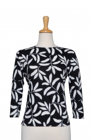 Black and White Leaves Microfiber 3/4 Sleeve Top 