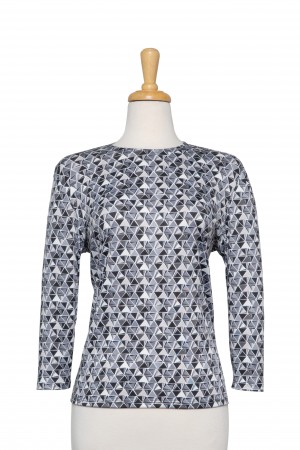 Shades of Grey and White Triangles Display Microfiber 3/4 Sleeve Top 