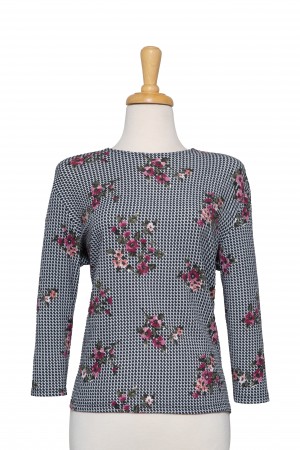 Black and White Herringbone With Floral Clusters Textured  3/4 Sleeve Top 