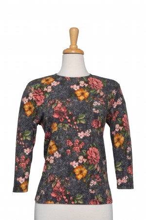 Grey, Coral, and Mustard Floral Textured  3/4 Sleeve Top 
