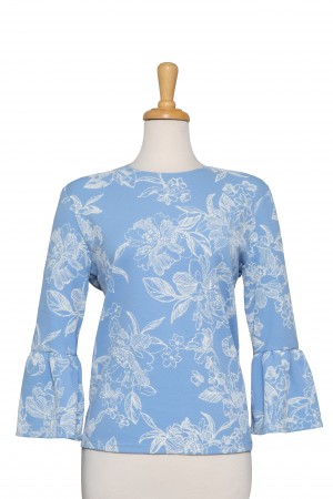 Plus Size Light Blue Floral Textured Bell Sleeve Top 