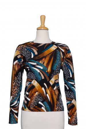 Black, Teal and Tan Abstract Brushstrokes Textured Microfiber Long Sleeve Top 