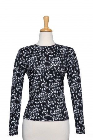 Black and White Vines Textured Microfiber Long Sleeve Top 