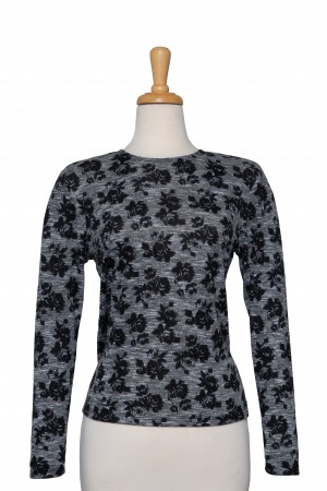 Grey and Black Floral Long Sleeve Knit Top
