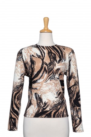 Black, Ivory , Tan and Gold Sequins Long Sleeve Animal Print Knit Top